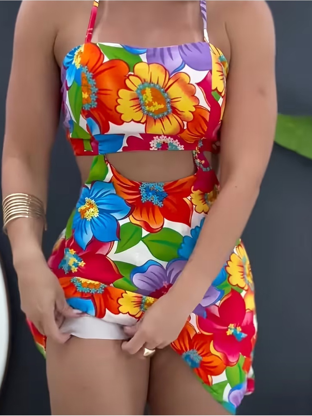 Vibrant Tropical Floral Cutout Mini Dress